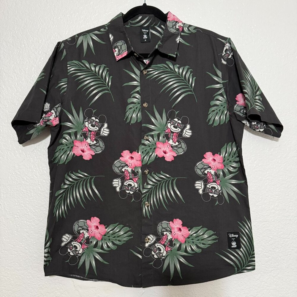 Disney Neff Hawaiian Shirt Adult Medium Black Floral Mickey Mouse MED Button Up